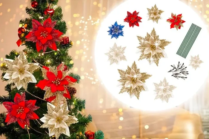 Set of 10 Festive Christmas Tree Flower Ornaments – 4 Stunning Colours