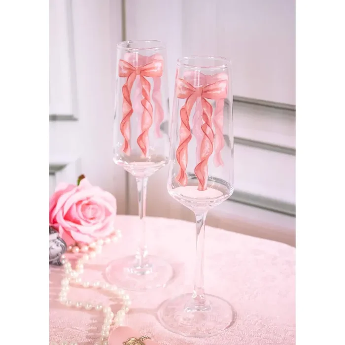 Set of 2 Bow Champagne Glasses Wedding Bridal Shower Gift