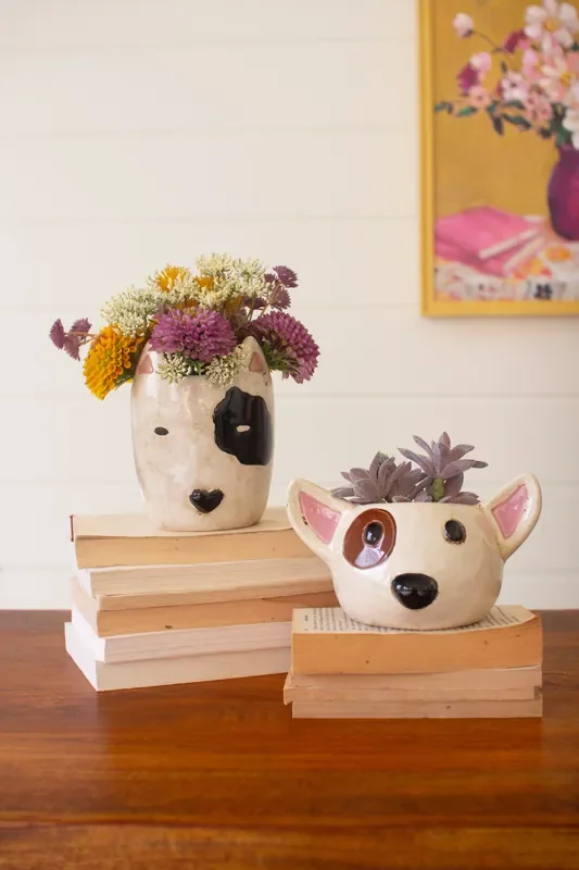 Set of 2 Ceramic Black and White Dog Head Planters