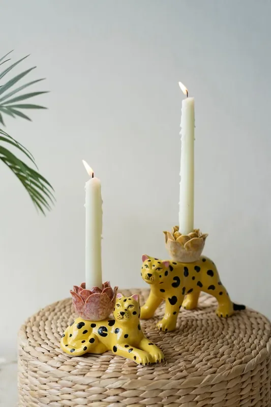 Set of 2 Ceramic Cheetah Taper Candle Holders