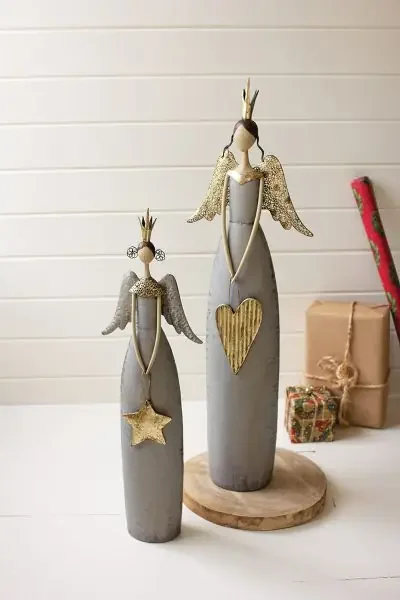 Set Of 2 Gold And Grey Christmas Angels Holding A Heart And Star