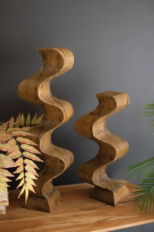 Set of 2 Hand-Carved Wooden Wavy Pedestals