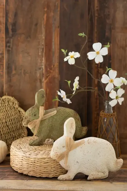 Set of 2 Painted Antique Green and White Metal Rabbits