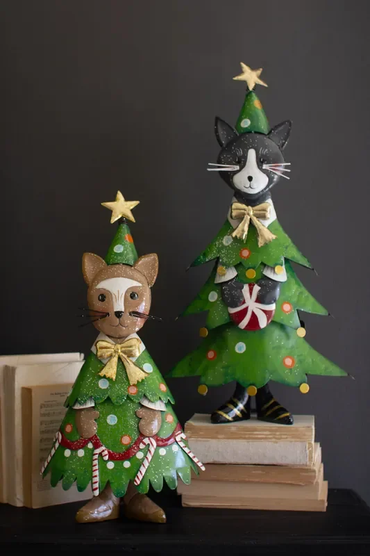 Set of 2 Painted Metal Cat Christmas Trees