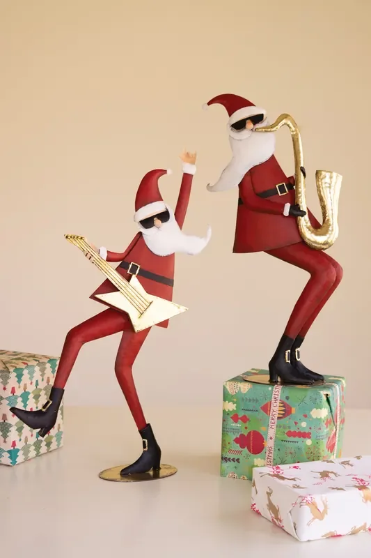 Set of 2 Painted Metal Santa Musicians