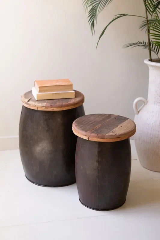 Set of 2 Recycled Wood and Metal Drum Tables