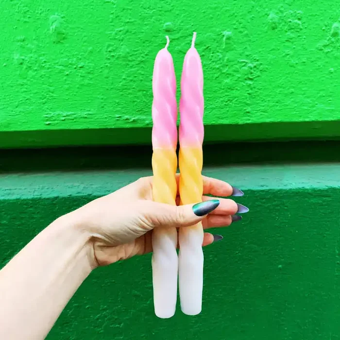 Set of 2 Taper Candle in Pink Yellow White Spiral Unscented Aesthetic Dinner Candlesticks Gift for Her