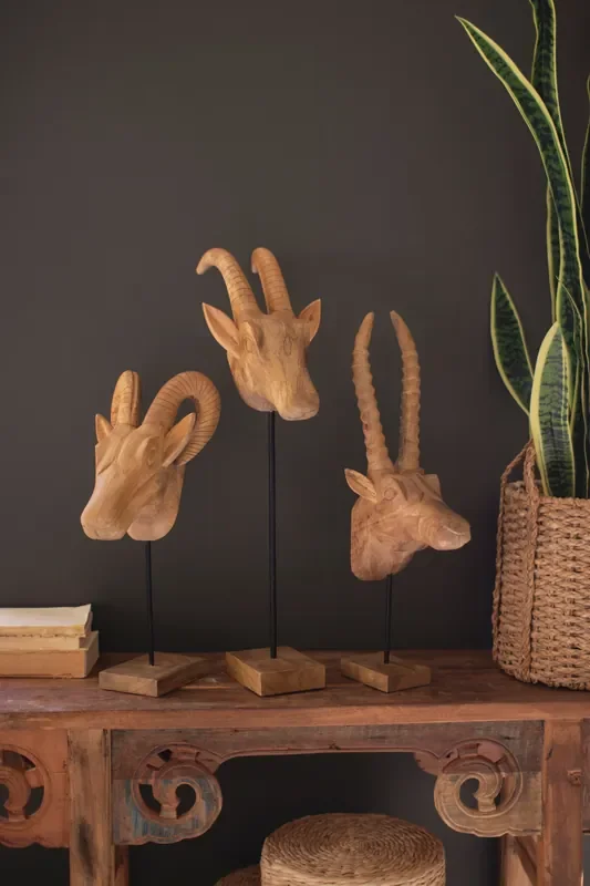 Set of 3 Carved Mango Wood African Animal Heads