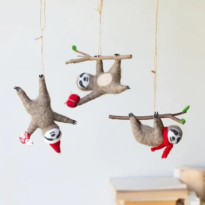Set Of 3 Felt Christmas Sloth Ornaments