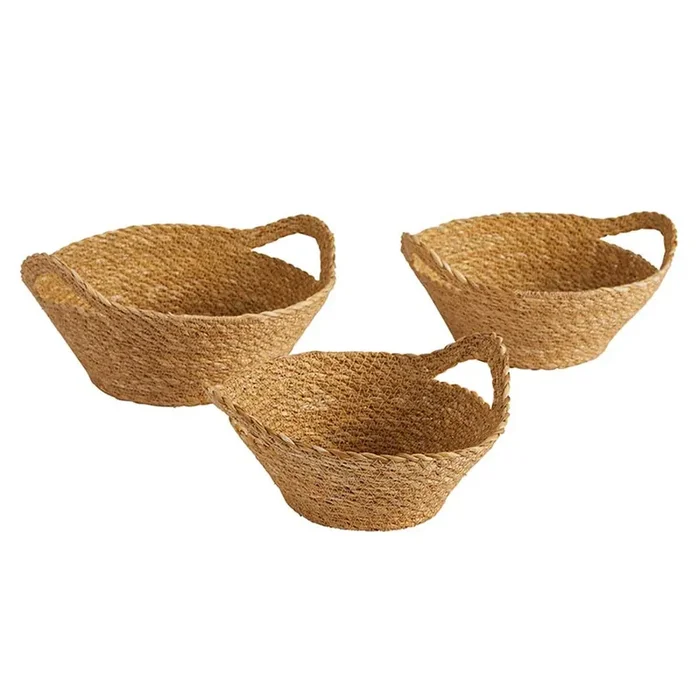 Set of 3 Seagrass Decor Baskets with Handles Wicker Kitchen Pantry Storage