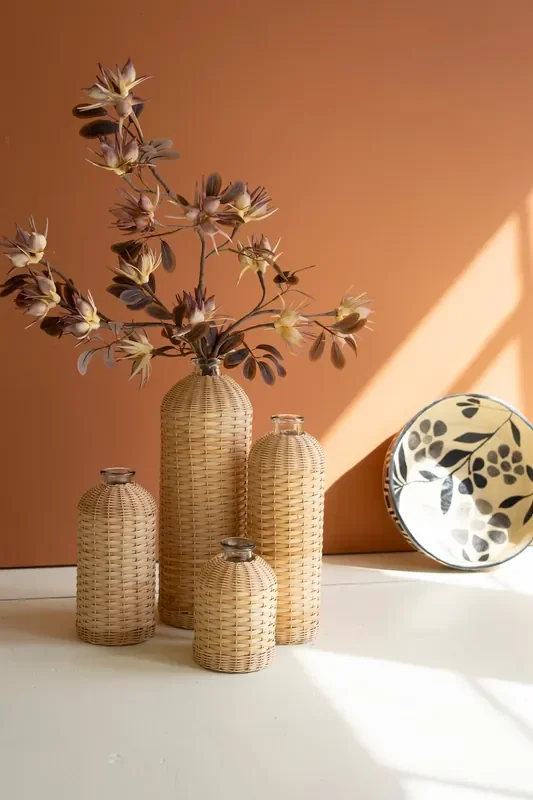 Set Of 4 Rattan Wrapped Glass Vases