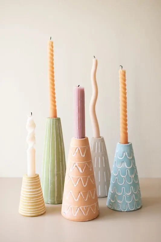Set of 5 Painted Clay Party Hat Candle Taper Holders