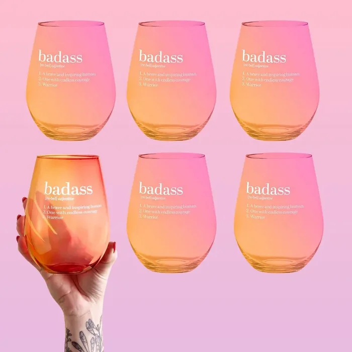 Set of 6 Badass Jumbo Stemless Wine Glass in Orange Pink Ombre 30 Oz. Holds an Entire Bottle of Wine