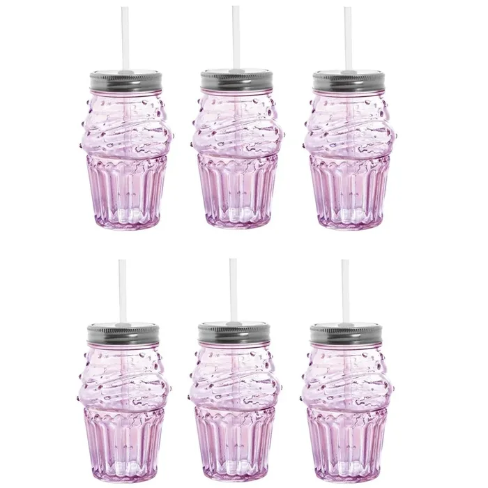 Set of 6 Glass Cupcake Sippers in Light Pink Cute Wine or Cocktail Glass with Straw