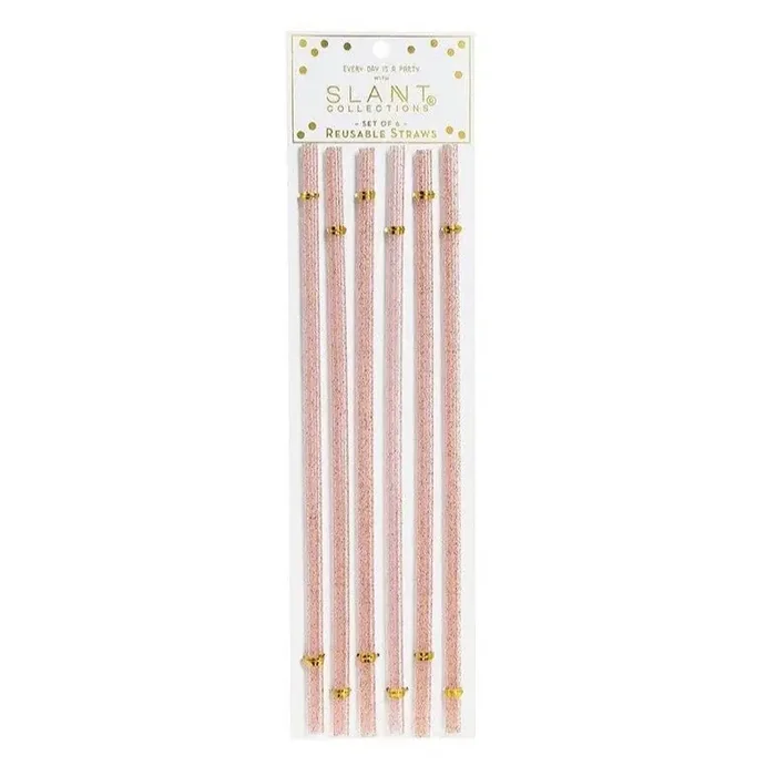 Set of 6 Pink Glitter Reusable Straws BPA-Free Acrylic 11″ Extra Long Elegant Straws