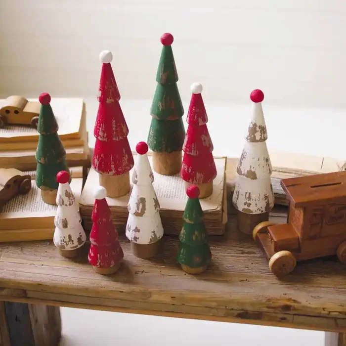 Set Of 9 Turned Wood Painted Christmas Trees