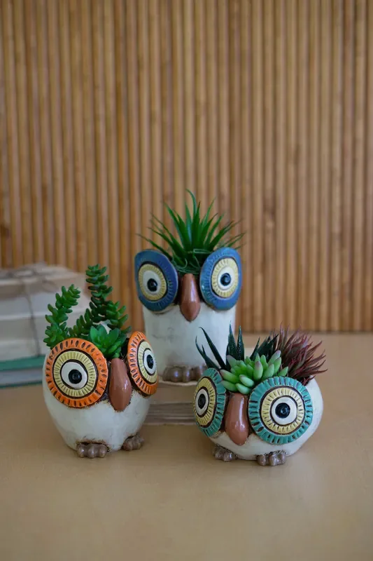 Set Of Three Ceramic Owl Planters