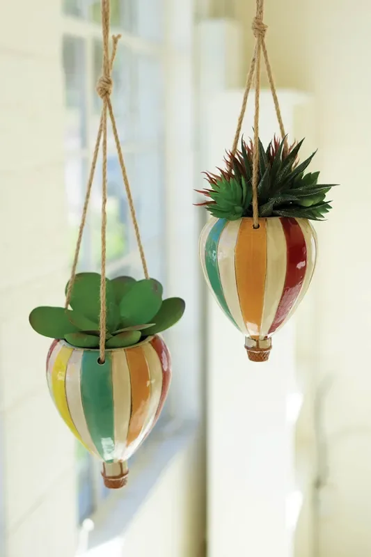 Set Of Two Ceramic Hot Air Balloon Hanging Planters