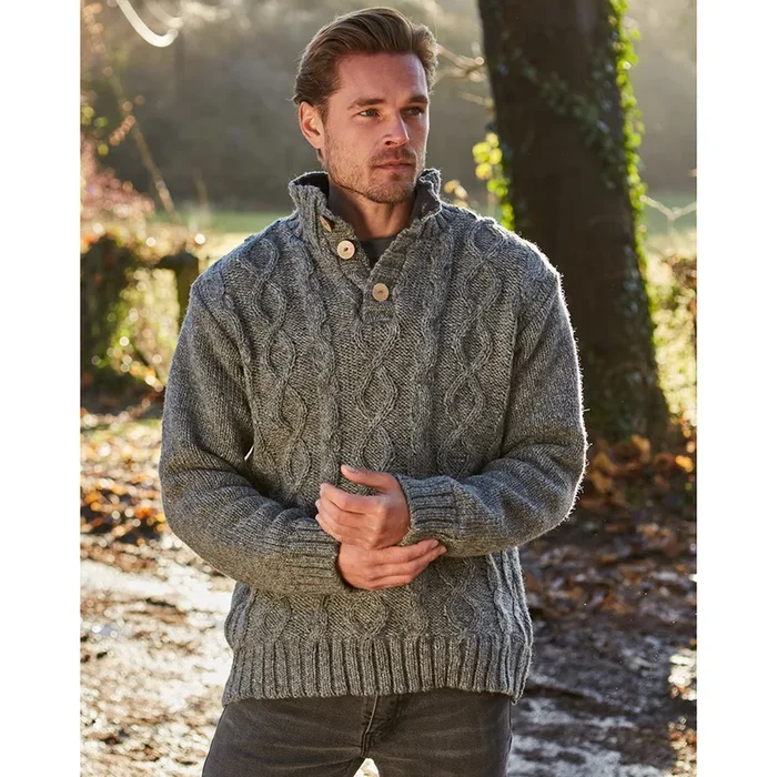 Shetland Fleece Lined Button Sweater – Grey