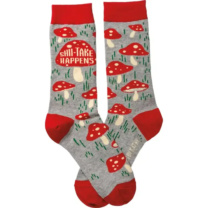 Shiitake Happens Funny Socks Mushrooms in Red Unisex