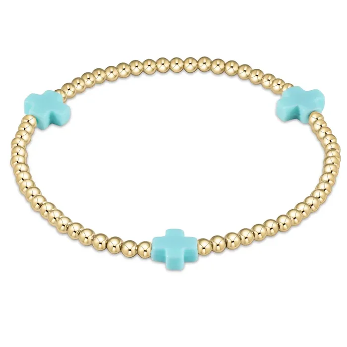 Signature Cross Small Gold Pattern 2mm Bead Bracelet • Turquoise