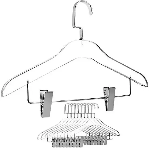 Simply Brilliant Silver Hook Clothes Acrylic Hangers with Clips – 10 Pack
