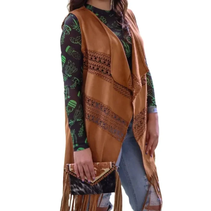 [Size S/M Remaining] Cowgirl Vegan Suede Crochet Duster in Brown Open-front Coat Outerwear