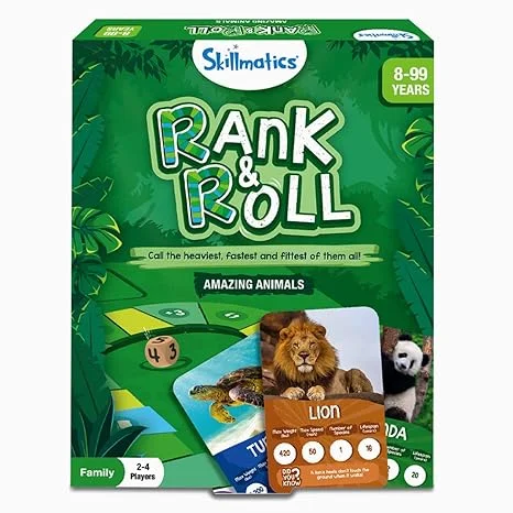 Skillmatics Trump Card & Board Game Rank & Roll Animals Memory Strategy Game