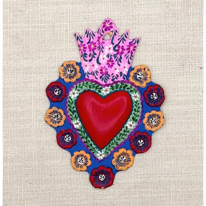 Small Red Tin Heart Hand-Painted in Peru Assorted Border Pattern Charm Accessory