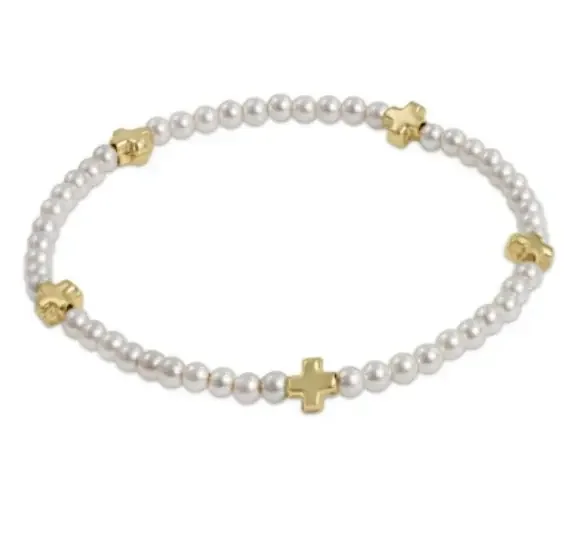 Small Signature Cross Small Pearl Pattern 3mm Bead Bracelet – Gold – enewton