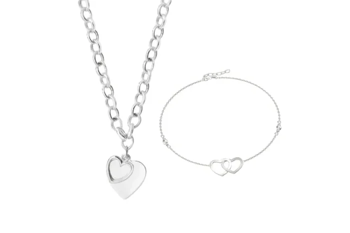 Sterling Silver Double Heart Jewellery Set – Necklace & Anklet, 2-Piece Gift Set