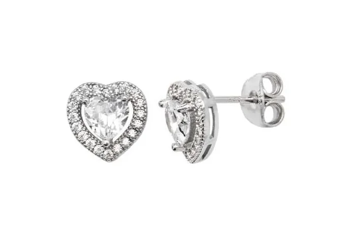 Sterling Silver Halo Heart Stud Earrings with Dazzling Cubic Zirconia