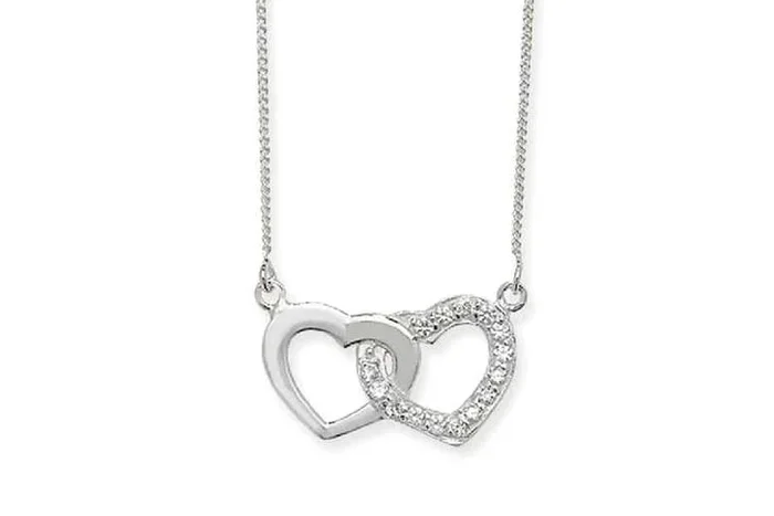 Sterling Silver Linked Double Heart Necklace with Cubic Zirconia