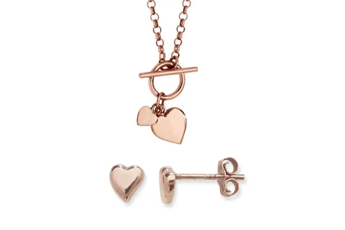 Sterling Silver Rose Gold-Plated Hearts Jewellery Set – Necklace & Stud Earrings, Romantic Gift Set