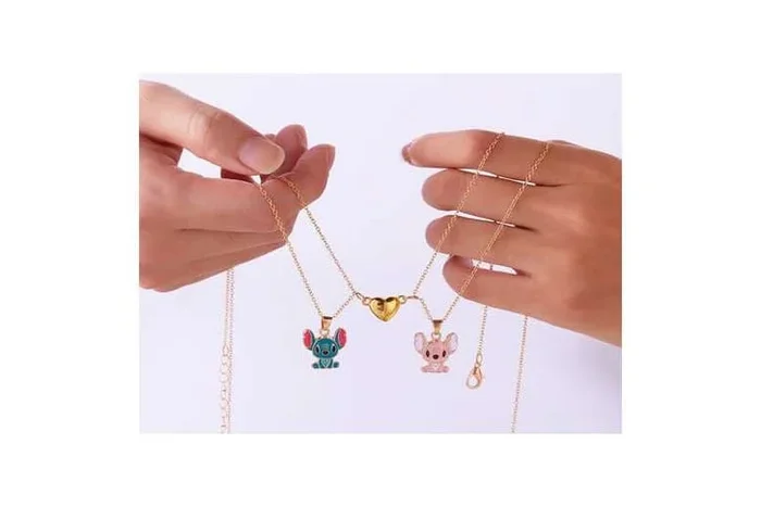 Stitch-Inspired Magnetic Heart Pendant Necklace Set – Adjustable Alloy Couples & Friendship Jewellery