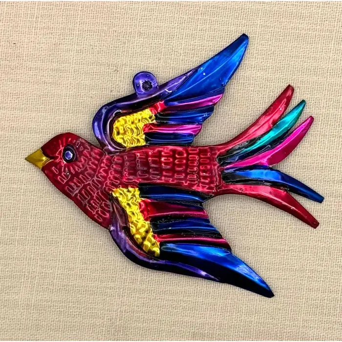 Swallow Tin Ornament Made in Mexico Hand Painted Colorful Bird Decor 5‘‘ x 4‘‘