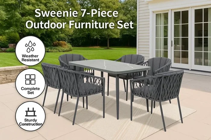 Sweenie 7-Piece Rustic Rattan Outdoor Dining Set – Weather-Resistant, 6-Seater