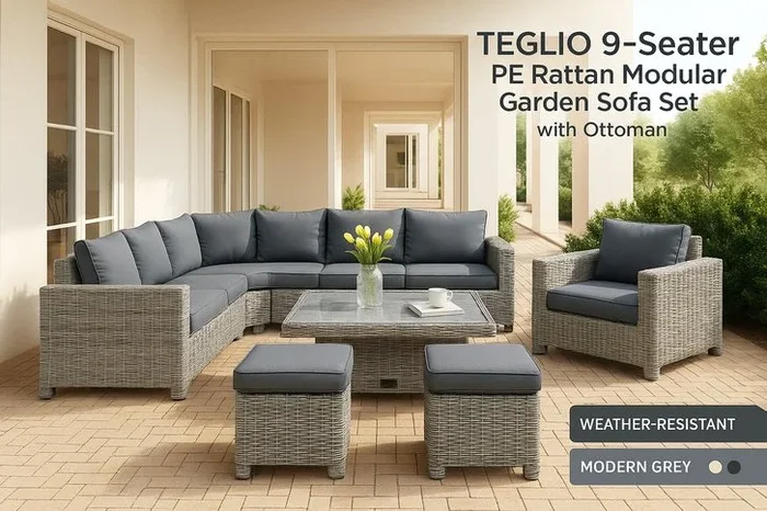 TEGLIO 9-Seater Modular PE Rattan Garden Sofa Set – Weather-Resistant, Modern Grey