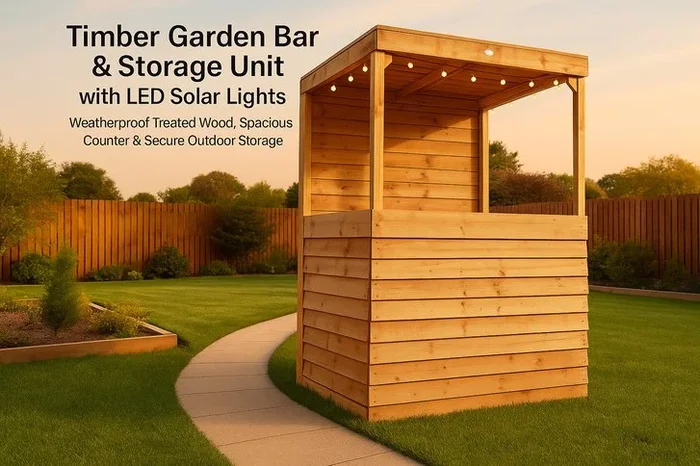 Timber Garden Bar & Storage Unit with LED Solar Lights – Weatherproof Treated Wood, Spacious Counter & Secure Outdoor Storage