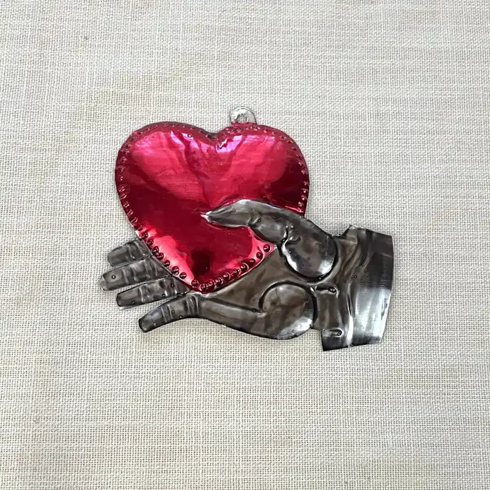 Tin Hand with Heart Ornament Hand Painted in Mexico Hanging Wall Decor 4‘‘ x 3‘‘