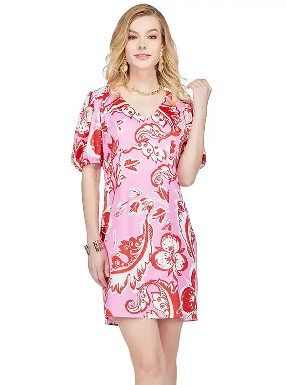 V-Neck Fitted Dress • Pink Floral