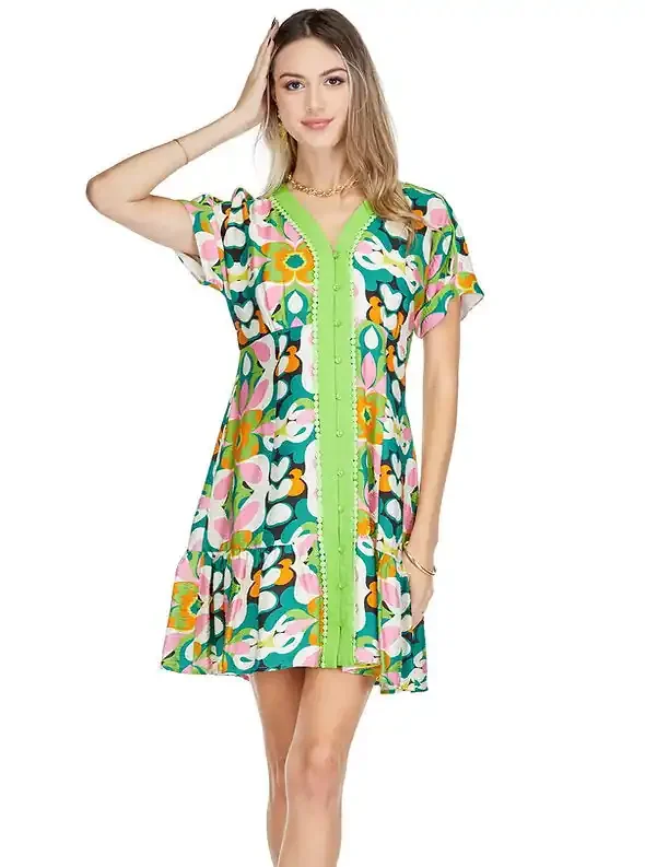 V-Neck Trimmed Dress • Modern Floral