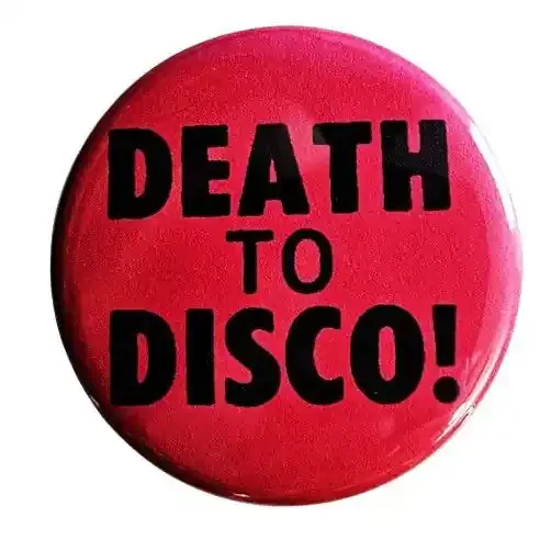 Vintage Reproduction Death to Disco Small Pinback Button 1.25″ Diameter ‘60 ‘70s ‘80s Retro Pin