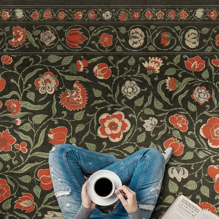 Vintage Vinyl Floorcloth Mat (Williamsburg – Antique Floral – Where You Go I Will Go)