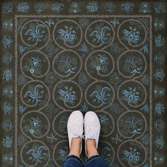 Vintage Vinyl Floorcloth Mat (Williamsburg – Crewelwork – Delphinium)