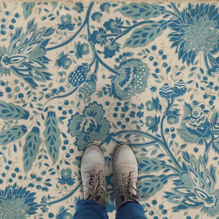 Vintage Vinyl Floorcloth Mat (Williamsburg – Garden Gate – A Slash of Blue)