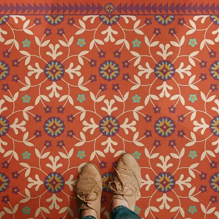 Vintage Vinyl Floorcloth Rug (American Folk Art Museum – Whig Rose – Flaming Heart)