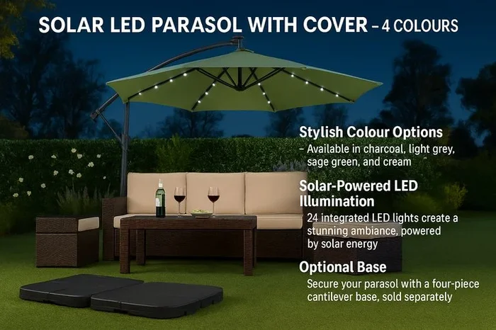 Weather-Resistant Aluminium Solar LED Cantilever Parasol – 270cm Garden Shade