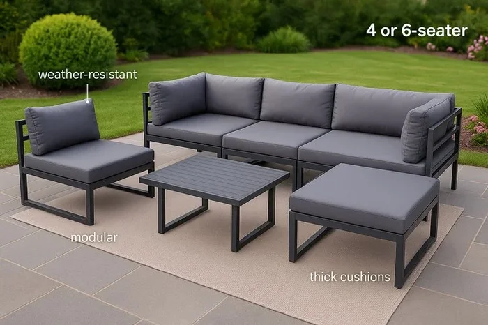 Weather-Resistant Modular Steel Patio Sofa Set – 4 or 6 Seater with Coffee Table