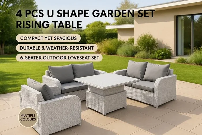 Weather-Resistant PE Rattan 6-Seater Garden Sofa Set with Adjustable Rising Table